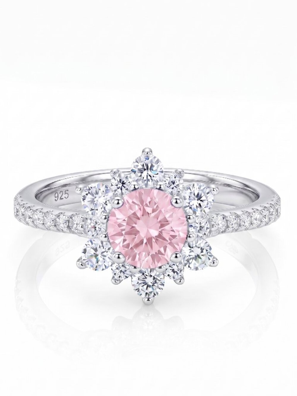 Pink Flower / Snowflake Gemstone Ring, 925 Sterling Silver